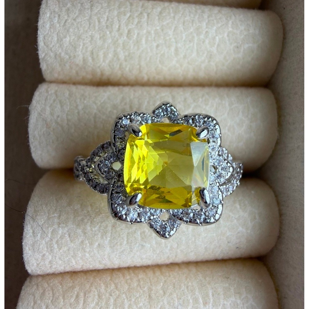 Bomb Party Yellow Cushion Cut Floral Halo Rhodium Plated Ring Size 7